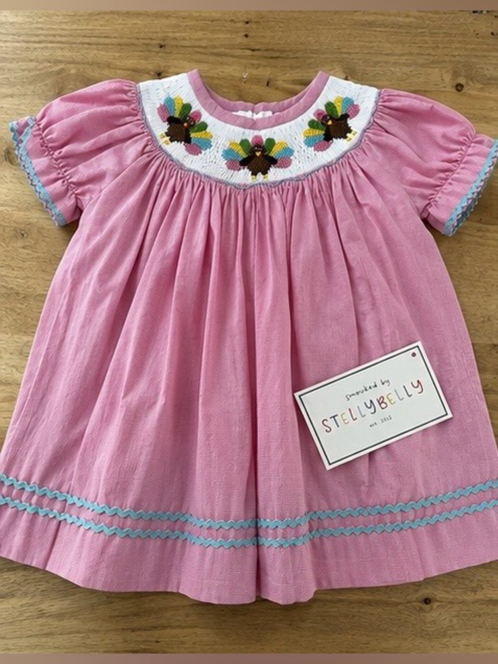 NWT Stellybelly Pink Turkey Bishop Dress 18M Hand Smocked Thanksgiving Boutique